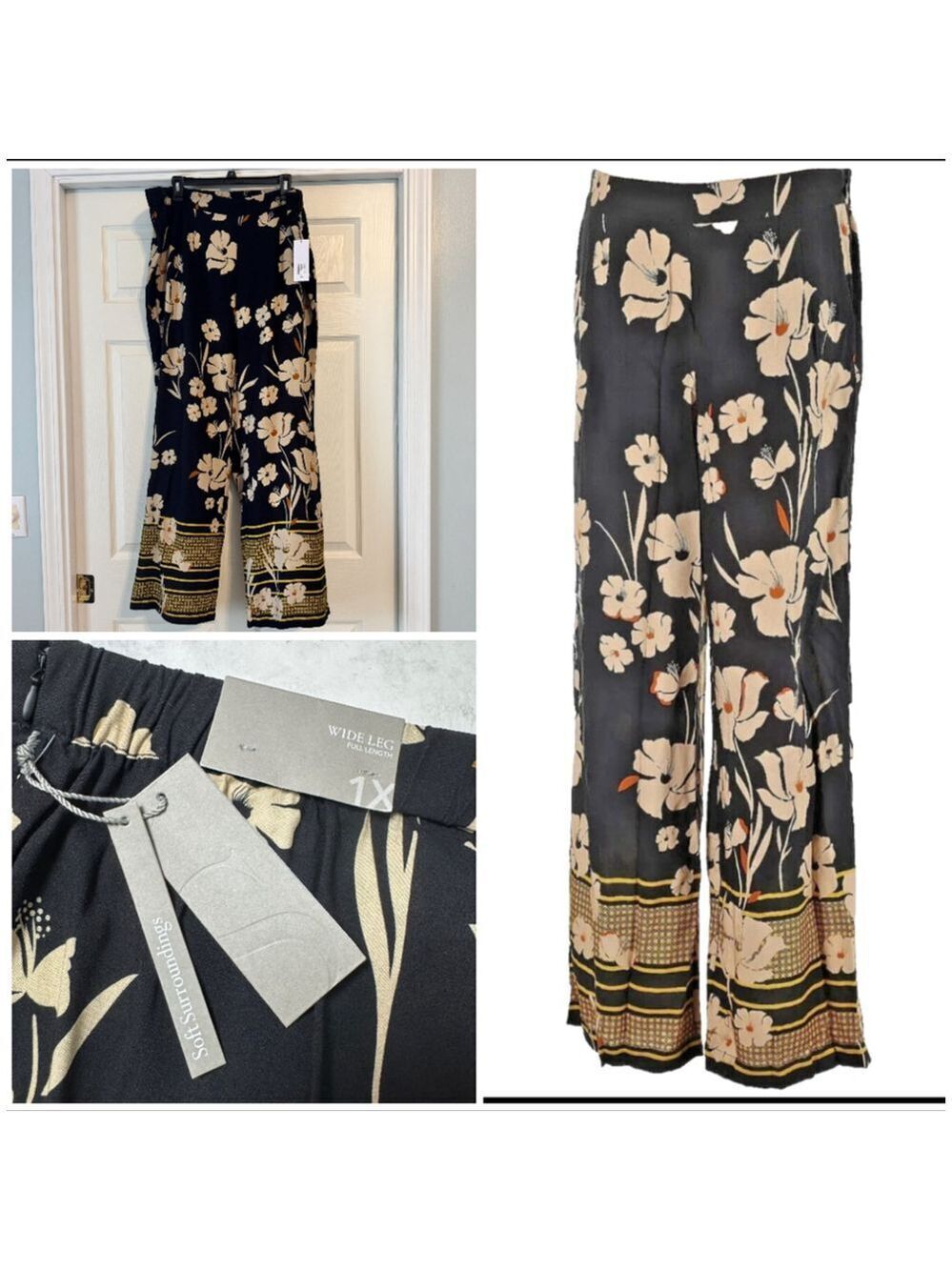 NWT Soft Surroundings Melita Wide Leg Floral Pants 1X Black Beige